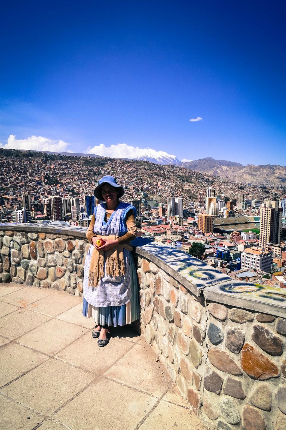 La Paz, Bolivia, woman, lady, view, buildings, city, mountains, view