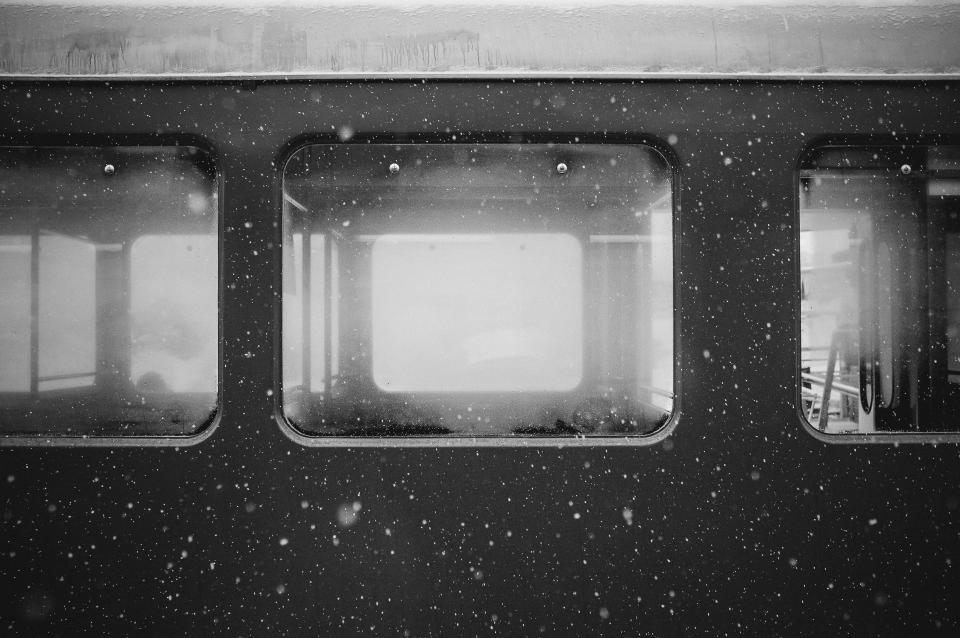 subway, windows, cold, snow, travel, transport, grey, black and white