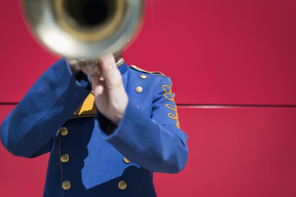 wall uniform trumpet trombone red music instrument horn Brass blue band 