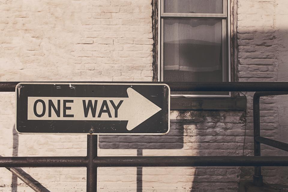 one way, sign, bricks, wall, window, sill, railing