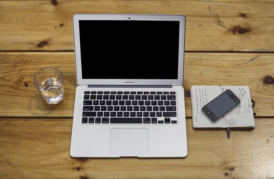 macbook air, laptop, computer, iphone, water, glass, table, wood, notepad, technology, apple, cell, desk, office, business