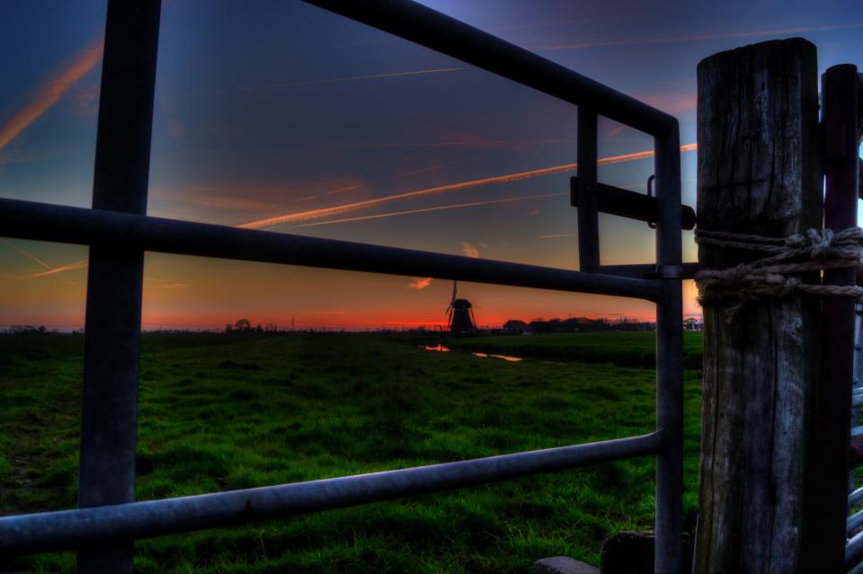 sunset sky rural post gate fields fence country 