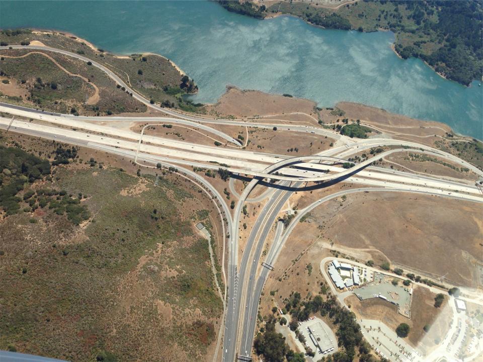 water view roads overpass overhead lake highways exits aerial 