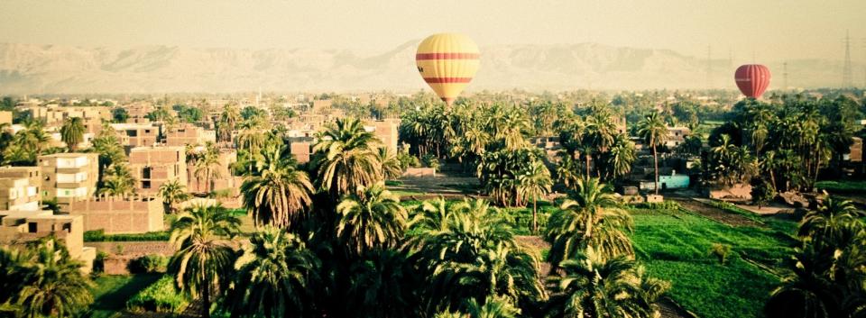 trass sky panoramic palmtrees mountains houses hotairballoons green buildings 