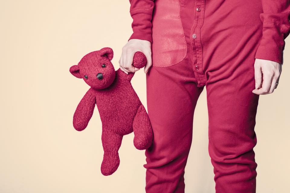 teddybear stuffedanimal red onesie hands clothes bedtime 