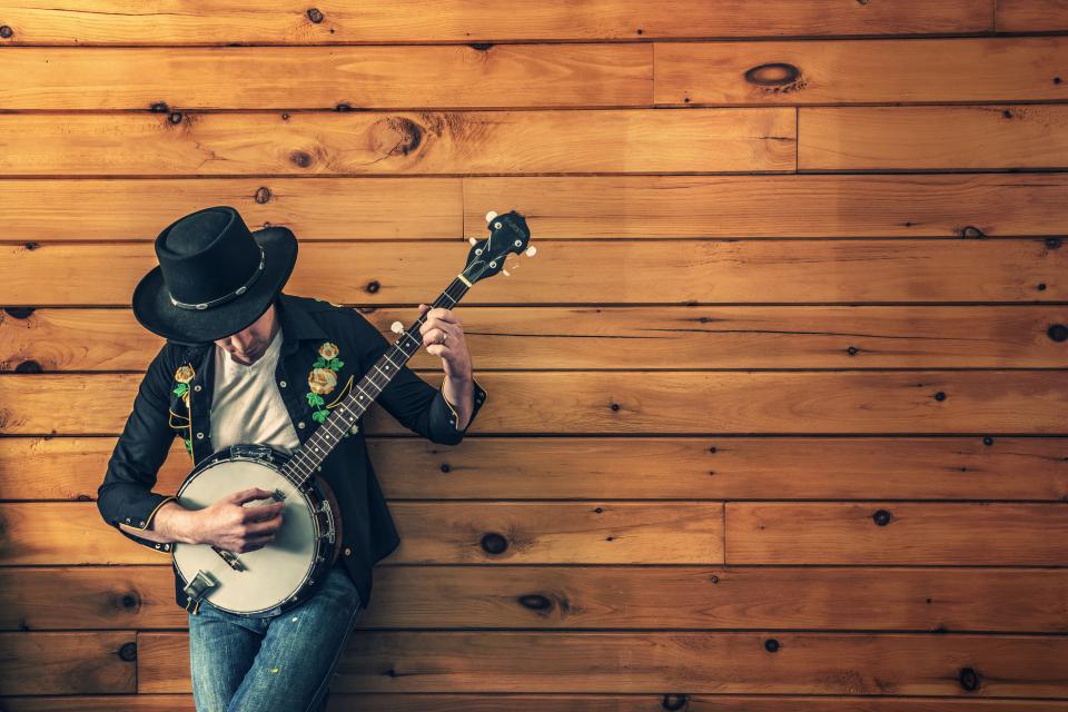 wood paneling music jeans instrument hat banjo 