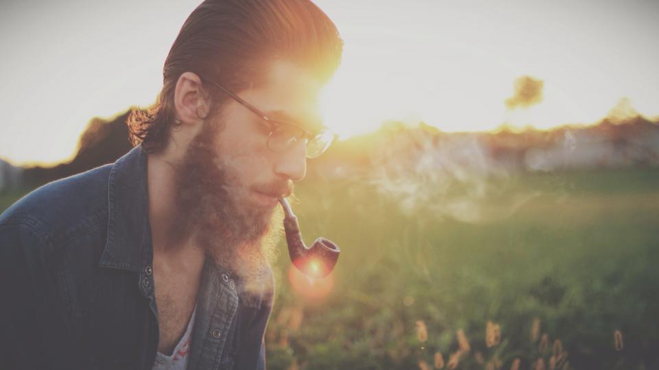 sunset smoking smoke pipe people man hair guy glasses field denim beard 