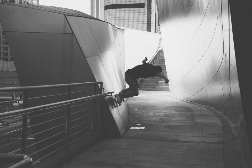 wall tricks skater skateboarding ramp railing grind concrete blackandwhite 