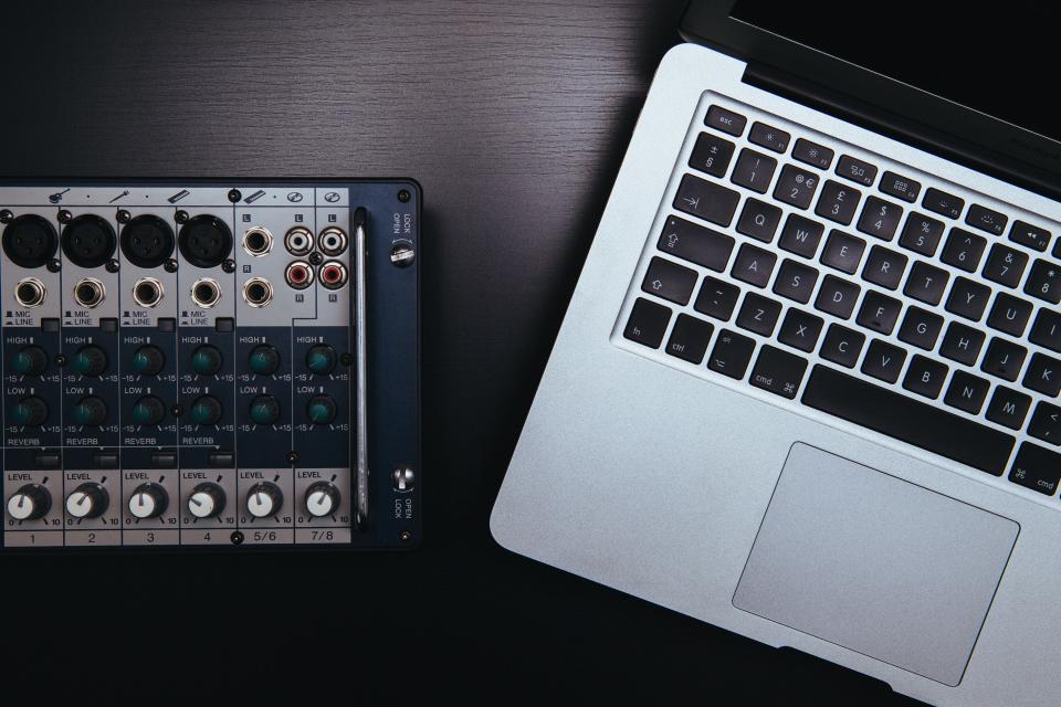 technology table music mixer MacBook laptop equipment DJ audio apple analog 