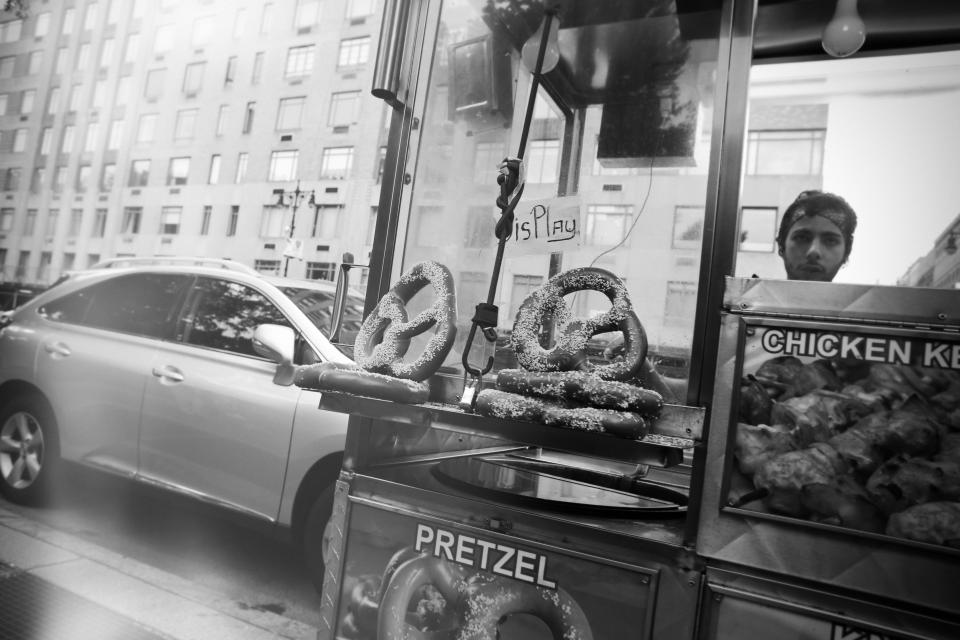 street pretzels man foodstand display chicken car bandana  
