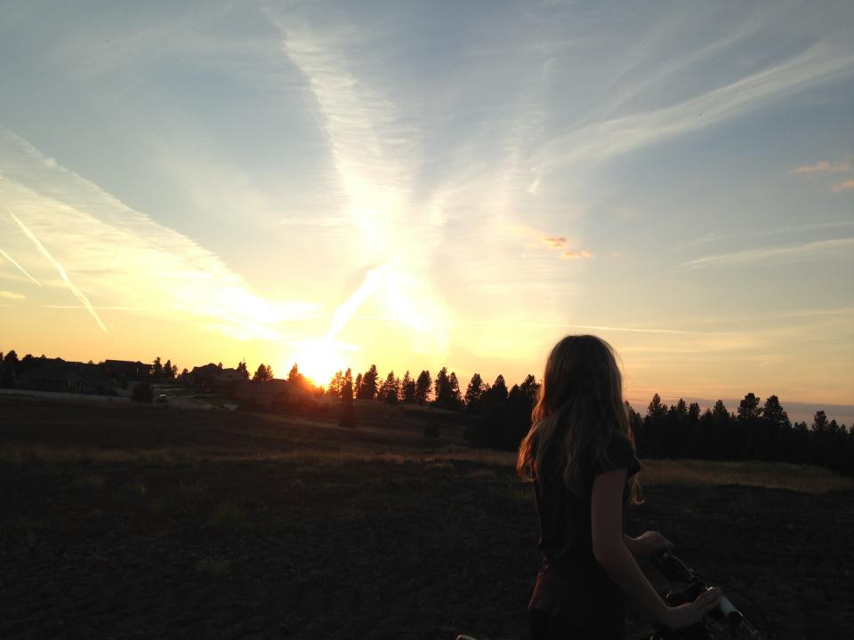woman trees sunset sky rural longhair girl fields dusk bike bicycle 