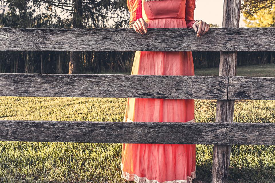 wood woman pink grass girl field fence dress country 