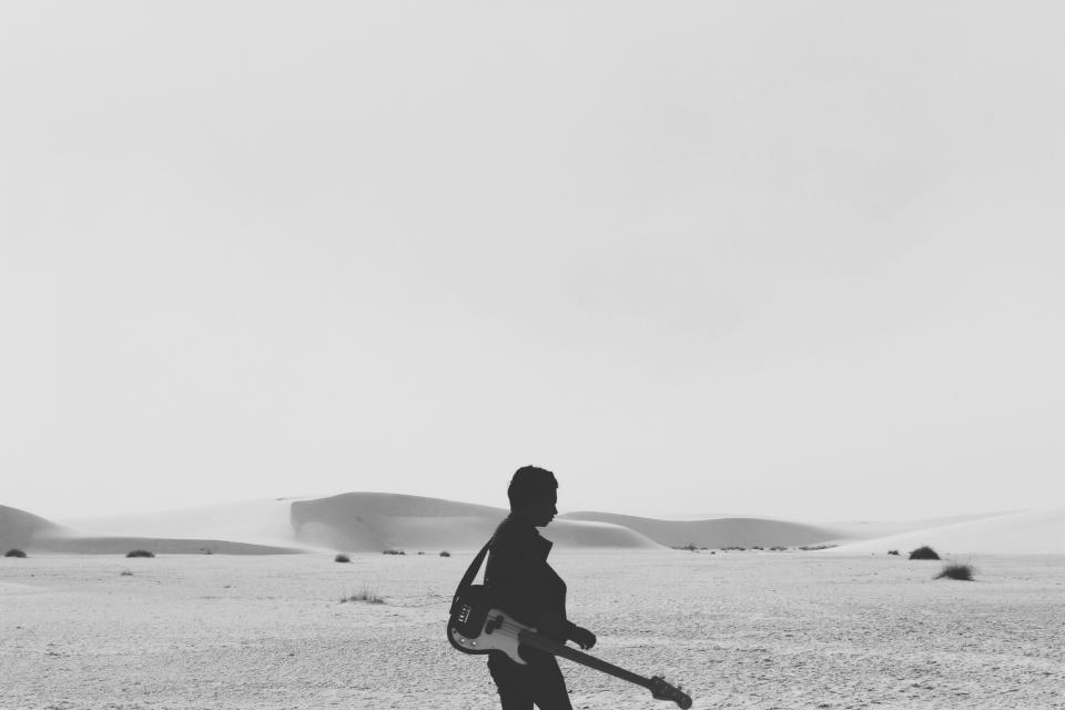 woman sky silhouette shadow sand music instrument hills electricguitar dunes desert blackandwhite 