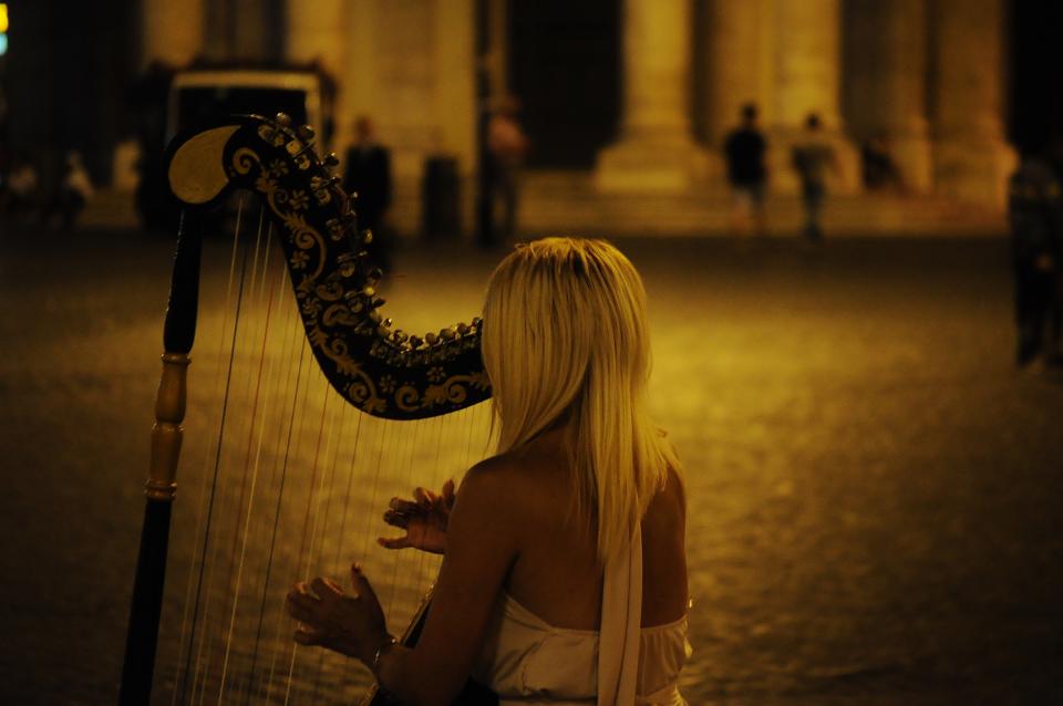 woman street musician music instrument harp girl blonde 