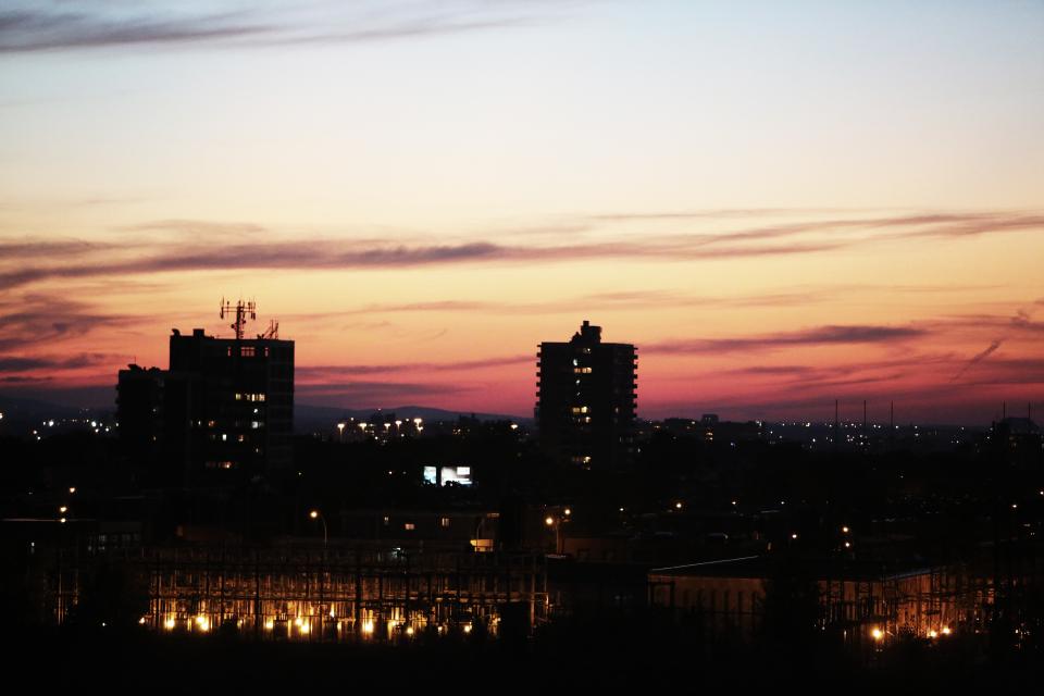 sunset skyline sky night lights dark city buildings 