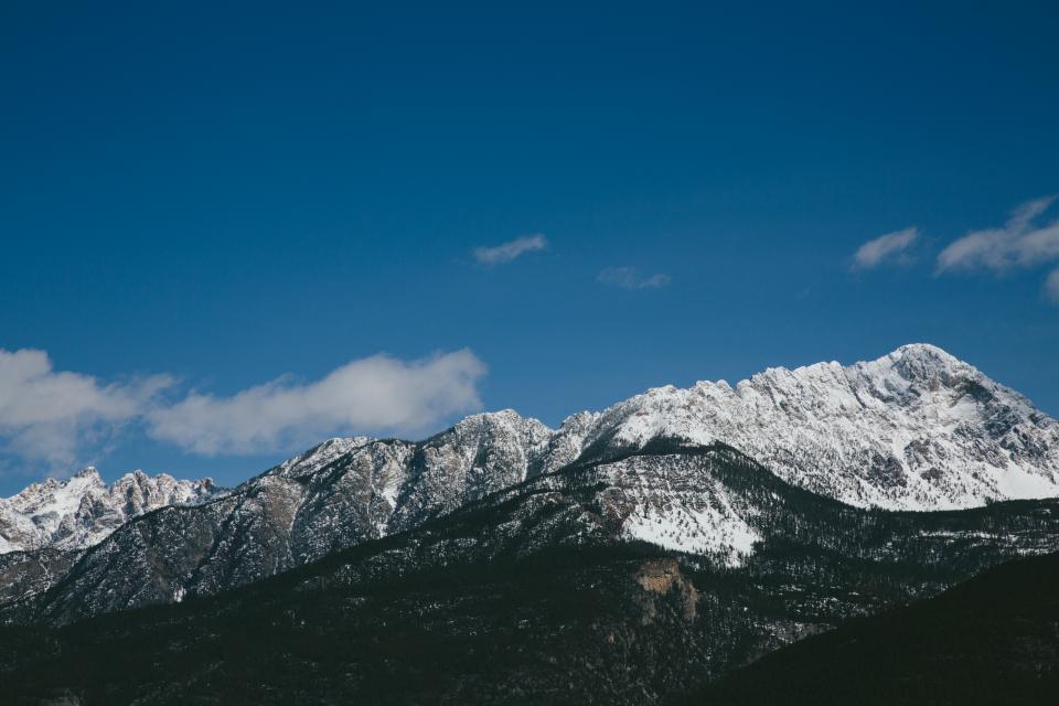 blue, sky, clouds, view, mountains, cliffs, hills, snow, cold, winter, trees, outdoors, hike, trek