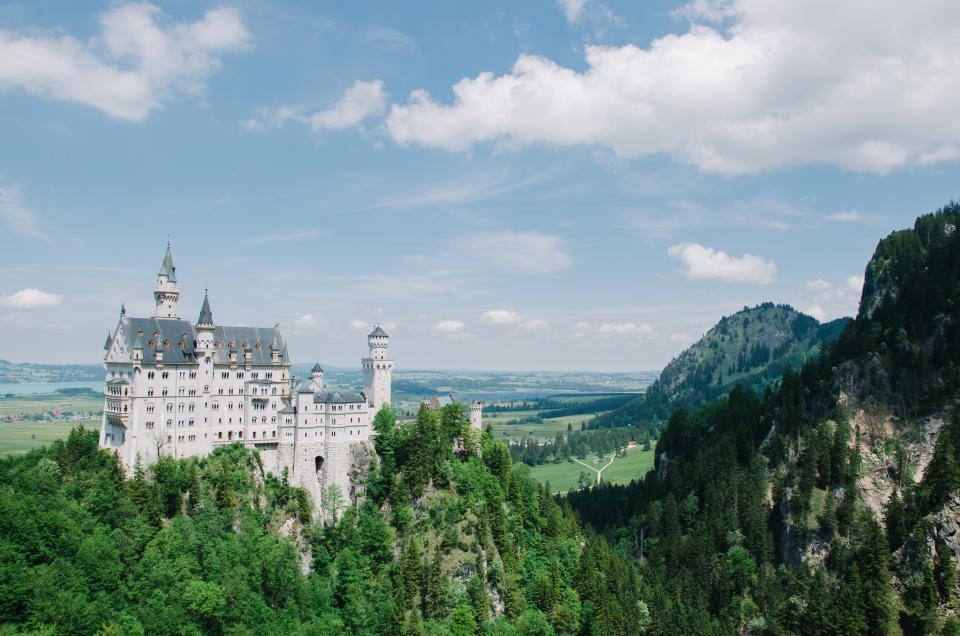 castle, architecture, mountains, trees, fields, hills, landscape, sky, clouds, rural