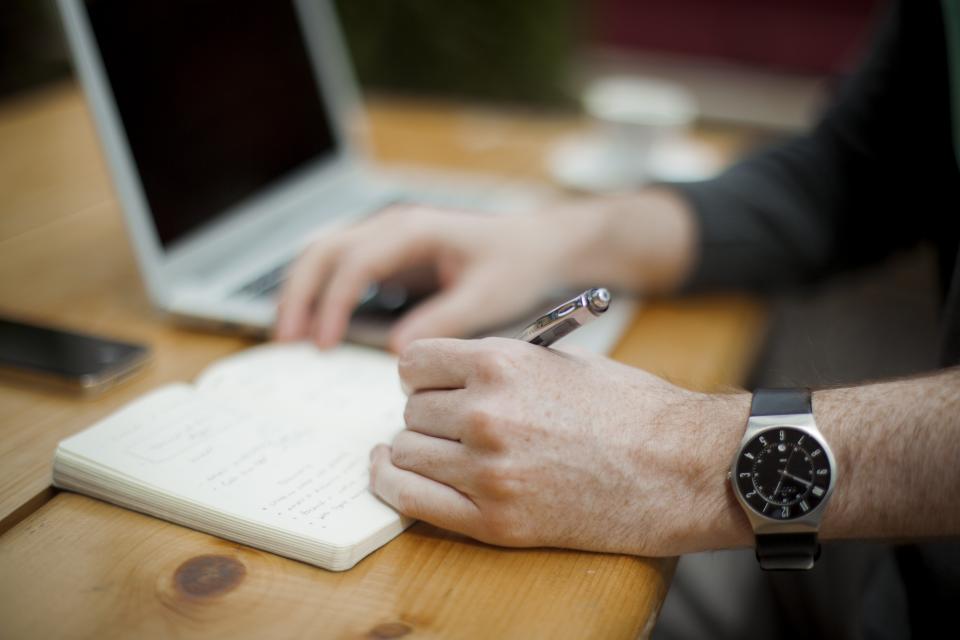 hands, writing, pen, notepad, watch, macbook air, laptop, table, wood, work, technology, apple, business