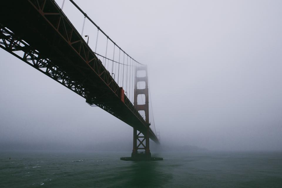 golden gate bridge, architecture, water, fog, mist, sky