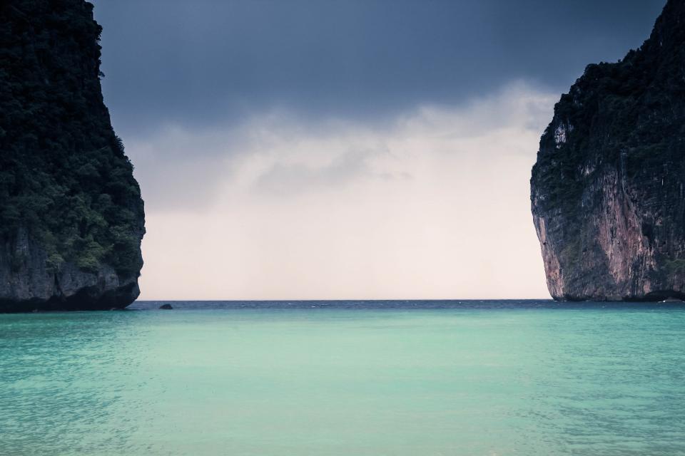 blue, sky, clouds, water, beach, cliffs, island, sea, ocean