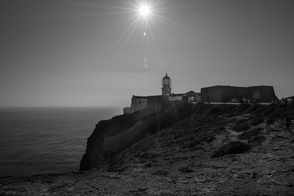 sunlight sea ocean lighthouse coast CapeSaintVincent blackandwhite 