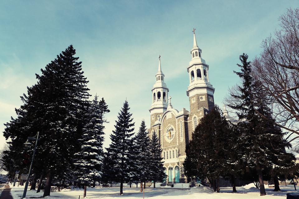 winter trees snow sky religion cross cold church christian catholic branches bells architecture arches 
