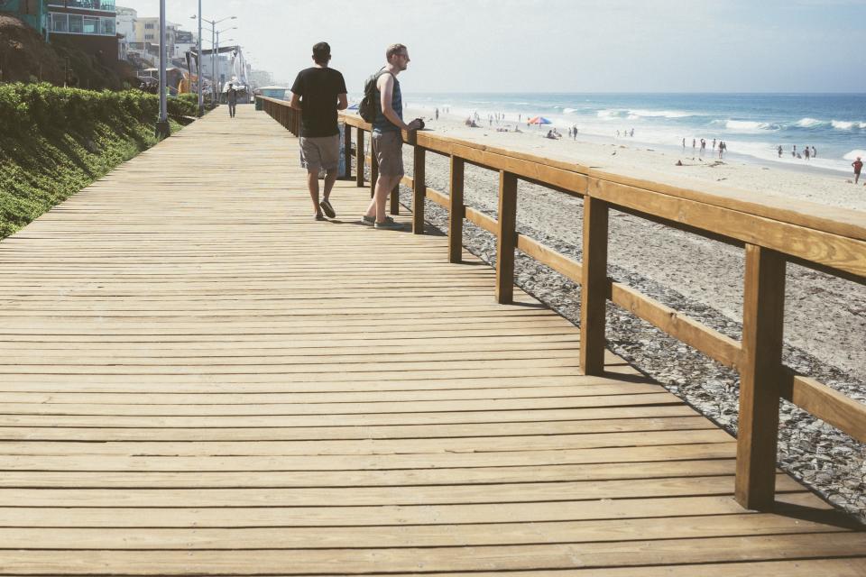 wood waves water tshirt tanktop sunshine sunglasses shorts shades sea sand railing people ocean lampposts hot boardwalk beach 