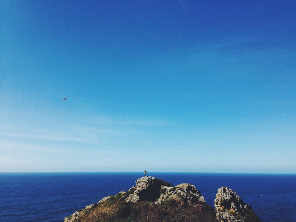 blue, sky, water, sea, ocean, rocks, cliffs, peaks, bird, flying, hiking, hike