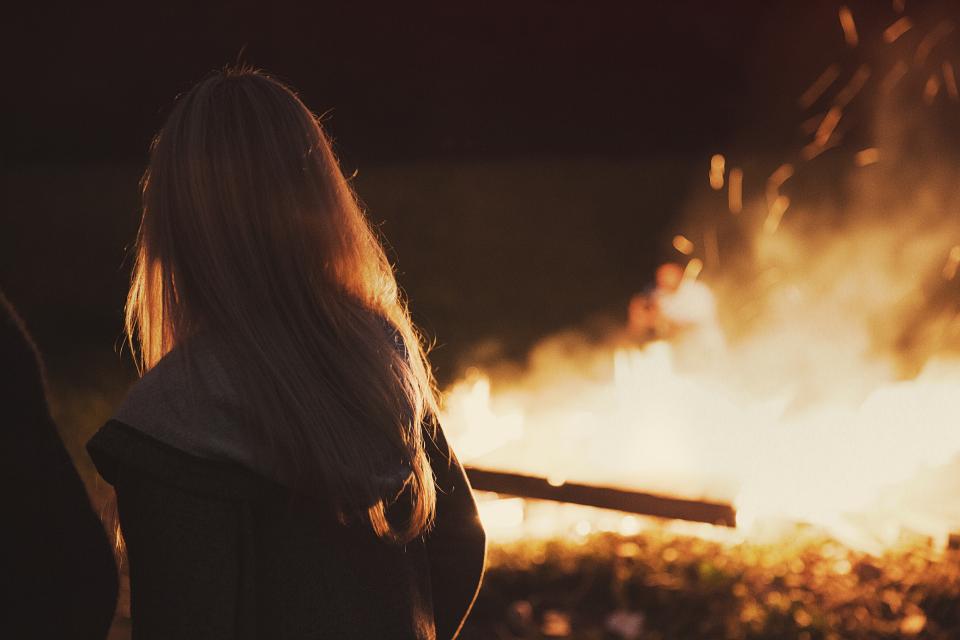 woman longhair girl flames bonfire blonde 