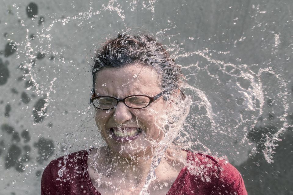 woman wet water teeth splash people mouth hair glasses girl face 