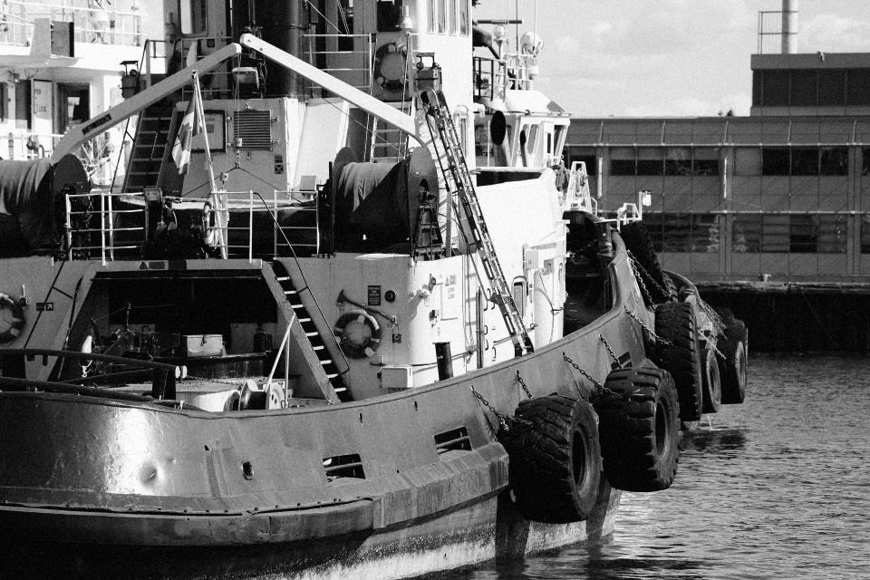 tires steps ship ropes port pier ladders harbour harbor fishingboat equipment dock blackandwhite 