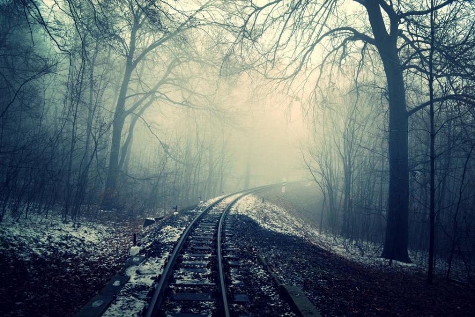 winter trees traintracks snow railway railroad night mist haze forest fog dark cold 
