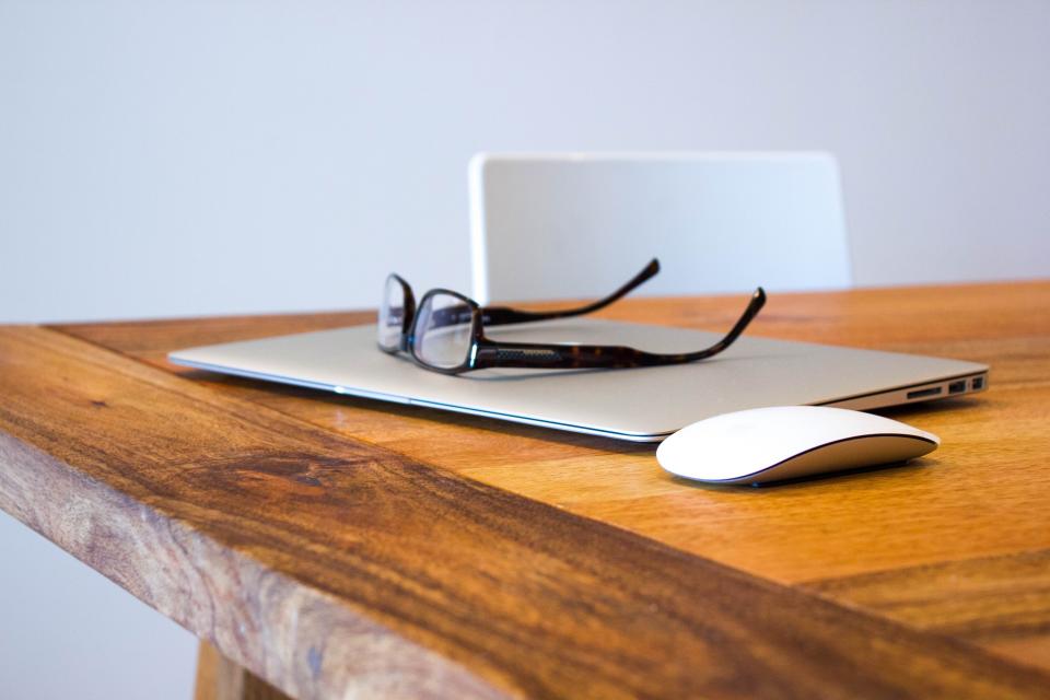 macbook air, glasses, mouse, wood, table, desk, chair, technology, business