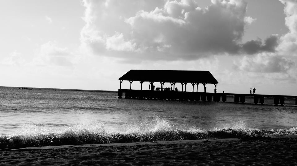 black and white, sky, clouds, beach, sand, water, waves, pier