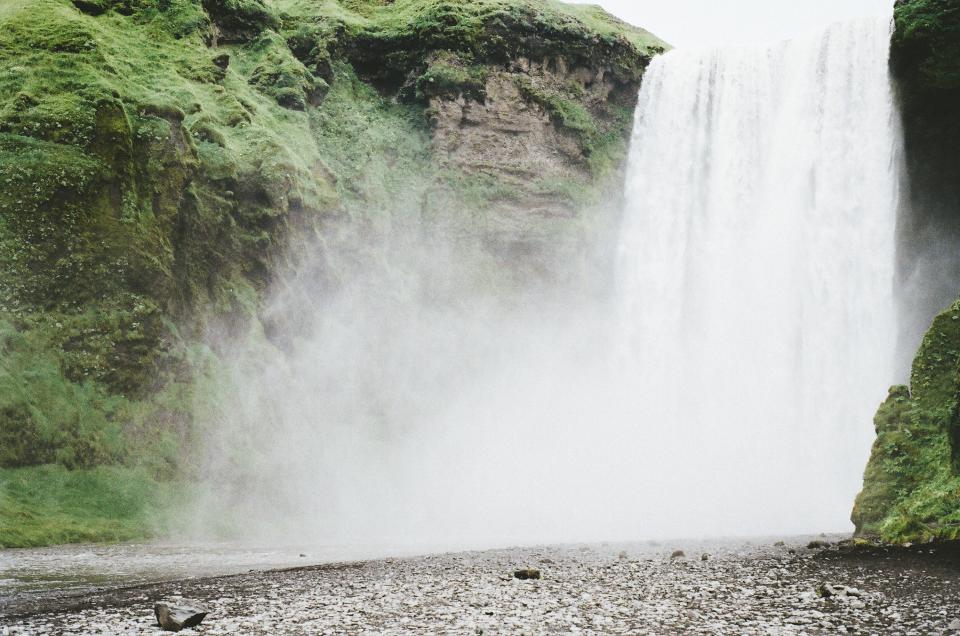 waterfall, mist, water, river, stream rocks, cliffs, green