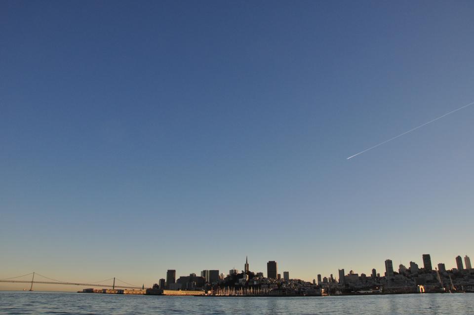 blue, sky, bridge, water, harbor, city, skyline, buildings, view, architecture, flying