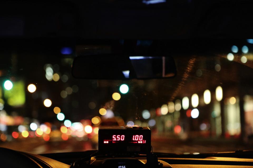 taxi, cab, meter, driving, dark, night, lights, road, windshield