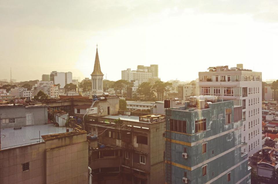 sky, city, buildings, rooftops, cross, church, town, windows, ladders, view