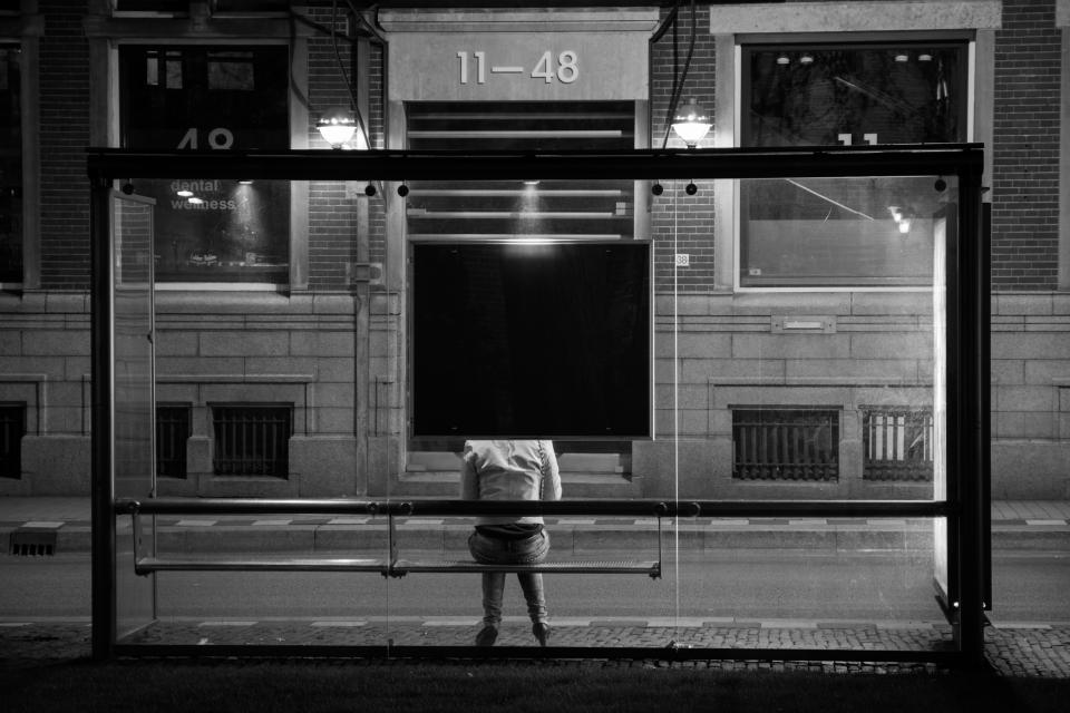bus stop, transportation, street, building