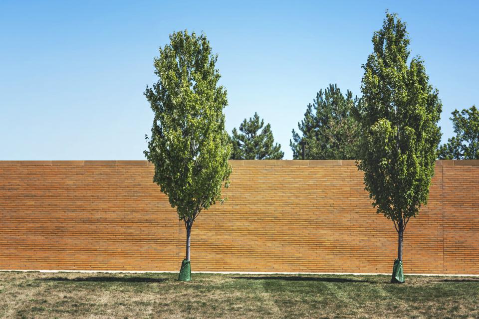 wall trees sky grass brick blue 