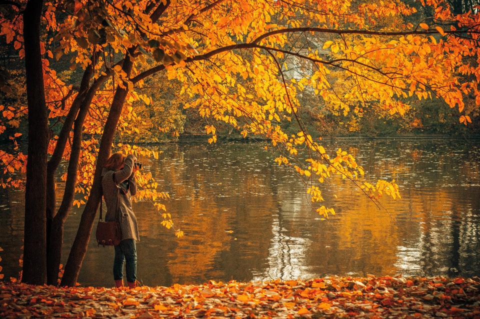 woman water sunny purse picture outdoors nature leaves lake girl Fall colors Coat camera bag autumn 