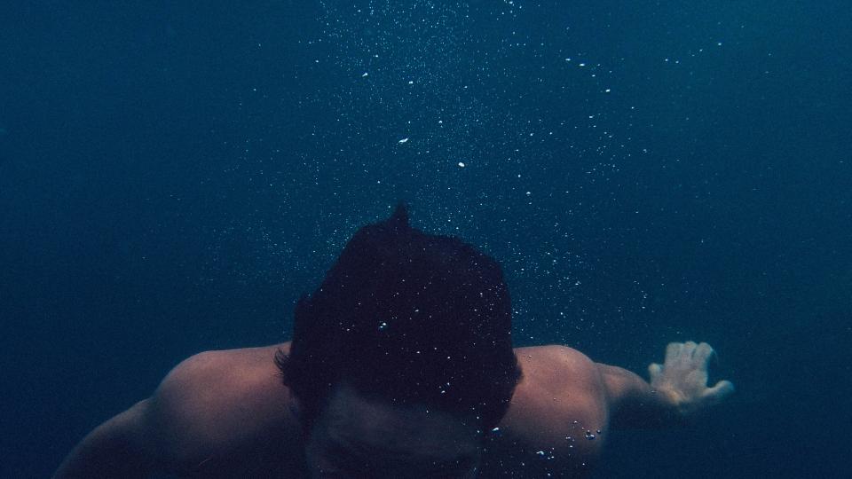 swimming, underwater, man, guy, hair, bubbles, wet