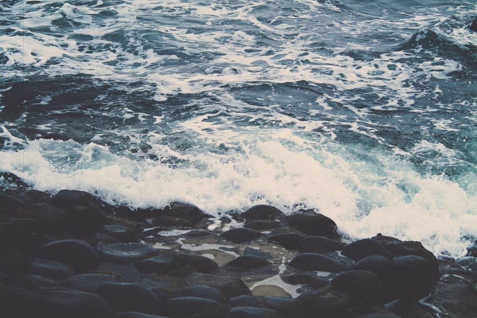 waves water stones splash shore rocks ripples 