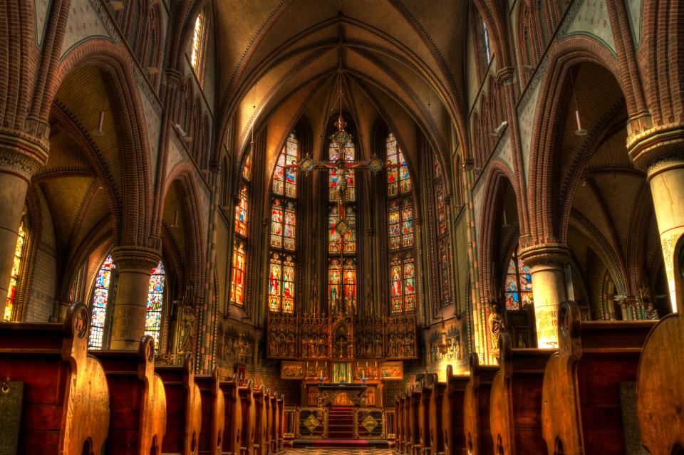 stainedglasswindows religion cross church benches arches aisle 