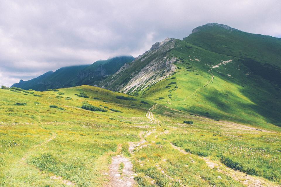 green, grass, mountains, hills, hiking, trek, trail, path, outdoors, cliffs, clouds