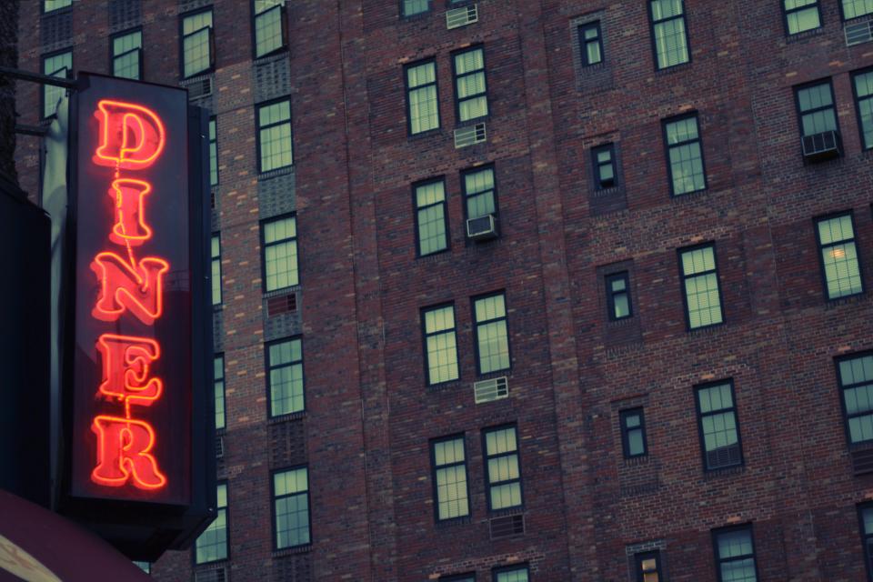 Windows sign restaurant neon diner building bricks 