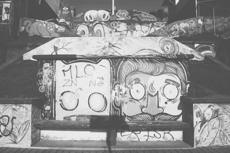 murals graffiti blackandwhite bench 