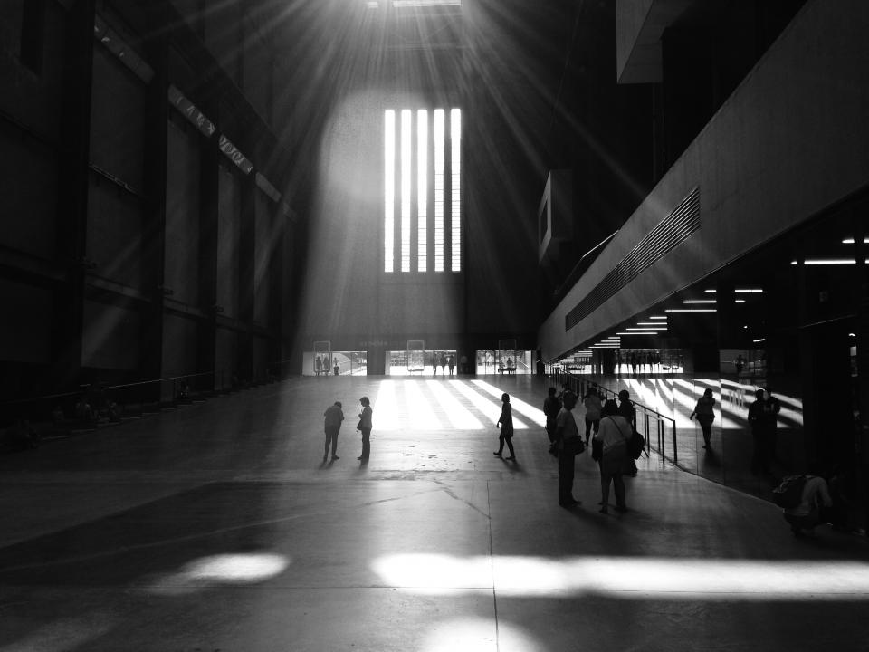 building, architecture, skylight, sunlight, people, walking, black and white