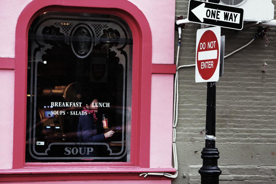 restaurant, pink, window, breakfast, lunch, soups, street, signs, one way, post, do not enter
