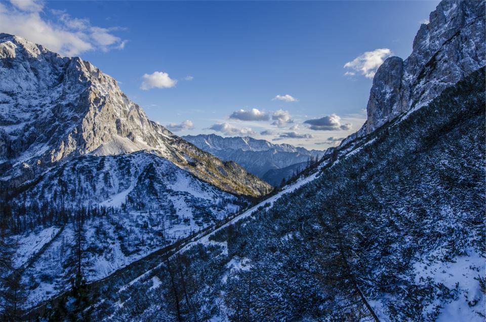 mountains, peaks, cliffs, rocks, snow, sky, clouds, landscape, nature